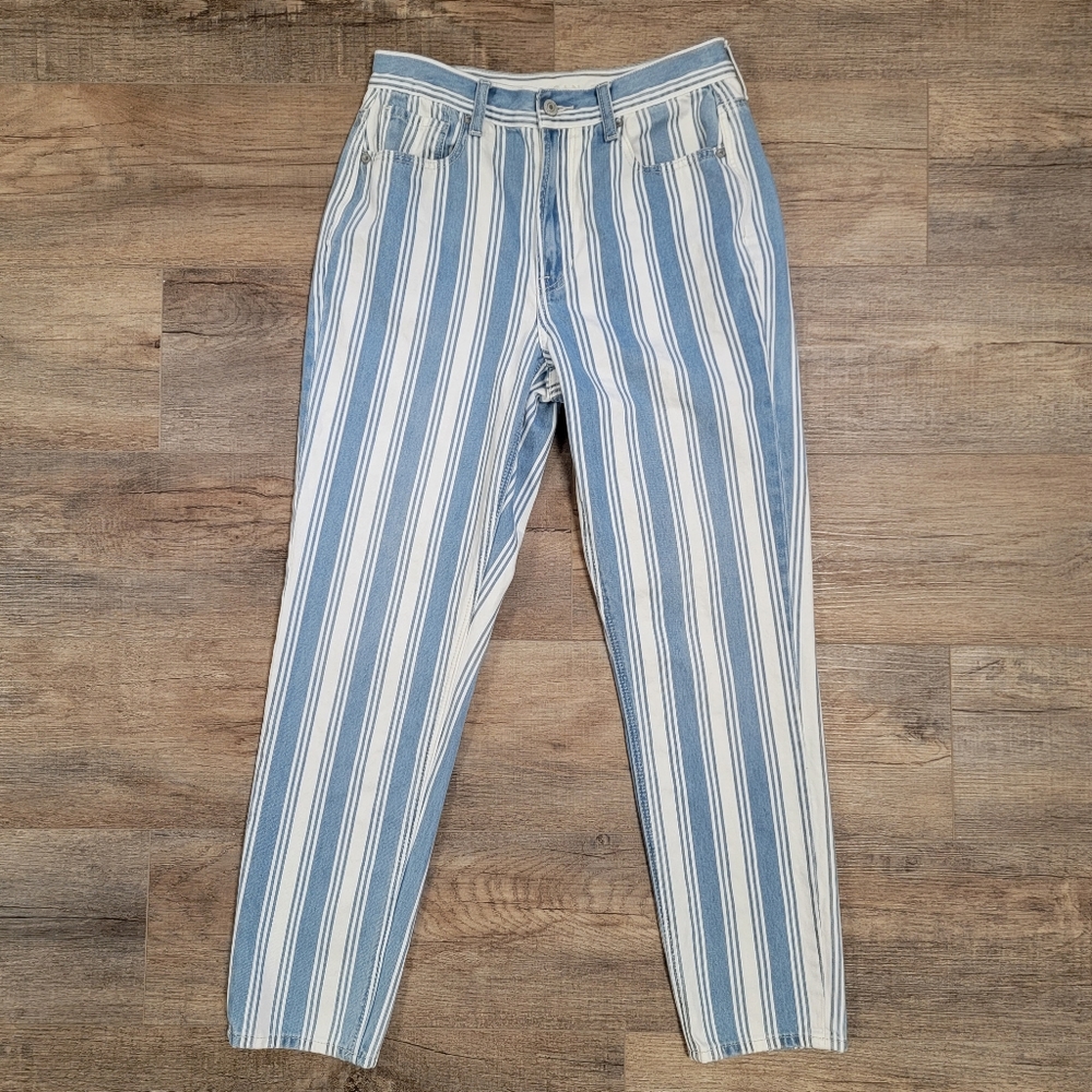 American Eagle Jeans Womens 6 Mom Jean Striped Blue White High Rise Denim